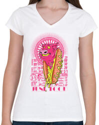printfashion Hot dog - Női V-nyakú póló - Fehér (51046)