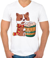 printfashion Karácsonyi corgi - Férfi V-nyakú póló - Fehér (10143240)