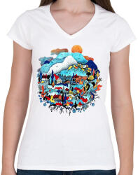 printfashion Blue landscape - Női V-nyakú póló - Fehér (6312125)