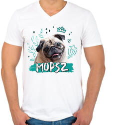 printfashion Mopsz firka - Férfi V-nyakú póló - Fehér (11849053)