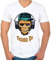 printfashion Techno DJ - Majom - Férfi V-nyakú póló - Fehér (6581519)