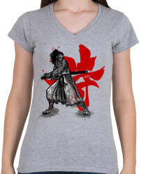 printfashion Szamuráj szellem - Női V-nyakú póló - Sport szürke (64566)