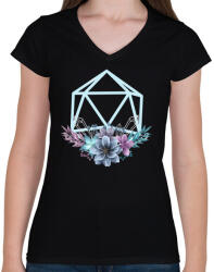 printfashion Virágos D20 - Női V-nyakú póló - Fekete (3028744)