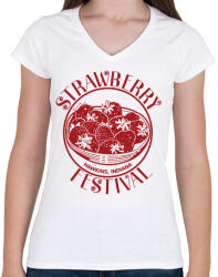 printfashion Stranger Things STRAWBERRY FESTIVAL - Női V-nyakú póló - Fehér (7268954)