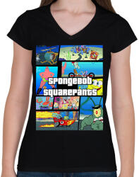 printfashion Spongyabob GTA - Női V-nyakú póló - Fekete (13784339)