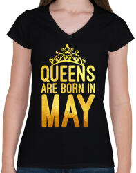 printfashion Queens are born in May - Női V-nyakú póló - Fekete (1475464)