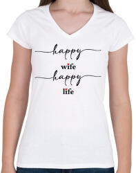 printfashion Happy Wife 1 - Női V-nyakú póló - Fehér (14850143)