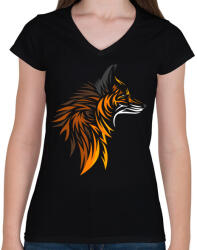 printfashion Róka minta - Női V-nyakú póló - Fekete (6040557)