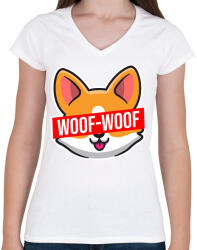 printfashion Corgi Woof-Woof - Női V-nyakú póló - Fehér (5585668)