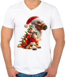 printfashion Vicces karácsonyi party ló - Mikulás ruhában - Férfi V-nyakú póló - Fehér (15230644)