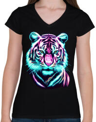 printfashion Neon tigris - Női V-nyakú póló - Fekete (13373619)
