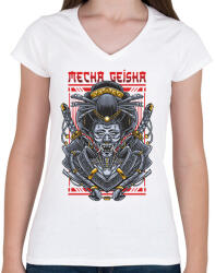 printfashion Mecha Geisha - Női V-nyakú póló - Fehér (16748255)