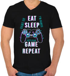 printfashion Eat sleep game repeat - Férfi V-nyakú póló - Fekete (3679114)