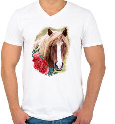 printfashion Ló virággal - Férfi V-nyakú póló - Fehér (13895744)