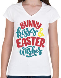 printfashion Bunny kisses & Easter wishes - Női V-nyakú póló - Fehér (6328877)