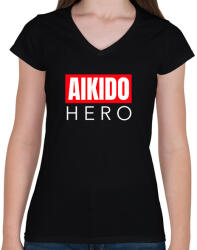 printfashion AIKIDO HERO - Női V-nyakú póló - Fekete (9406294)