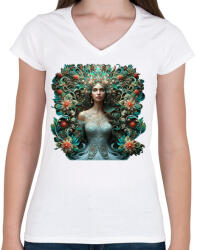 printfashion Virágok királynője - Női V-nyakú póló - Fehér (14796042)