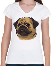 printfashion Mopsz - Pug - Női V-nyakú póló - Fehér (12072454)