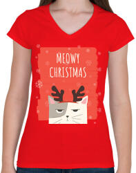 printfashion MEOWY CHRISTMAS - Női V-nyakú póló - Piros (9615880)