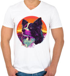 printfashion Border Collie Synthwave - Férfi V-nyakú póló - Fehér (16700561)