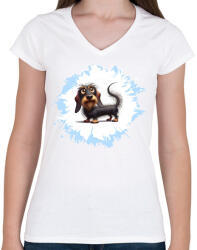 printfashion Drótszőrű tacskó - Női V-nyakú póló - Fehér (15698256)