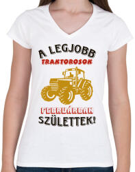 printfashion Traktoros szülinapja február - Női V-nyakú póló - Fehér (5749121)