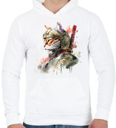 printfashion Szamuráj macska japán stílusban - Férfi kapucnis pulóver - Fehér (13641284)