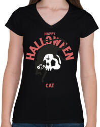 printfashion Halloween cat - Női V-nyakú póló - Fekete (9525818)
