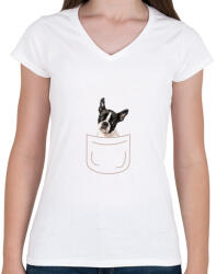printfashion Boston terrier kölyök zsebben - Női V-nyakú póló - Fehér (7098225)
