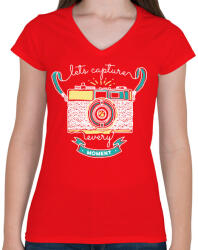 printfashion Retro fényképező - Női V-nyakú póló - Piros (410068)