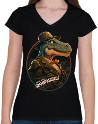 printfashion Nagypapaszaurusz T-REX Grandpasaurus - Női V-nyakú póló - Fekete (12472989)