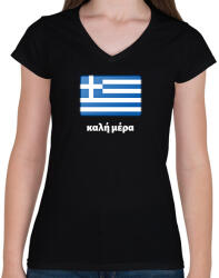 printfashion Jó napot Görögül - Női V-nyakú póló - Fekete (10742246)