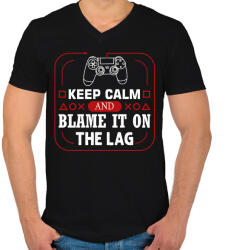 printfashion Maradj nyugodt és fogd a LAG-ra - Férfi V-nyakú póló - Fekete (4290196)