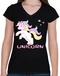printfashion unikornis - Női V-nyakú póló - Fekete (6030607)