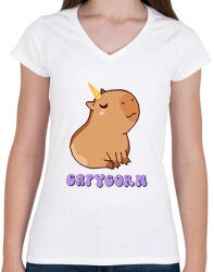 printfashion Capybara - Capycorn - Női V-nyakú póló - Fehér (13401191)