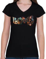 printfashion LOVE - Magic fonts - Varázslatos betűkkel írt szerelmes felirat - Női V-nyakú póló - Fekete (11847024)
