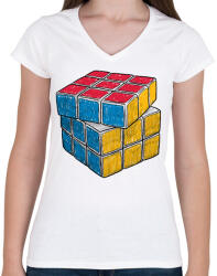 printfashion Rubik kocka - Női V-nyakú póló - Fehér (1651087)