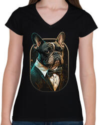printfashion Francia Bulldog öltönyben - Női V-nyakú póló - Fekete (12606274)