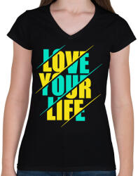 printfashion Szeresd az életed - Női V-nyakú póló - Fekete (4748174)