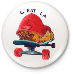 printfashion Gördeszkás mopsz - Kitűző, hűtőmágnes - Fehér (3078260)