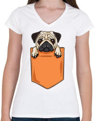 printfashion Mopsz zsebminta - Női V-nyakú póló - Fehér (13142711)