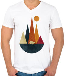 printfashion Mosómedve és hegyek - Férfi V-nyakú póló - Fehér (5238386)