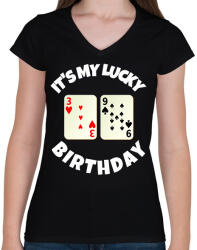 printfashion 39 POKER SZÜLINAP - Női V-nyakú póló - Fekete (9830810)