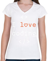 printfashion I love coding - Női V-nyakú póló - Fehér (9438031)