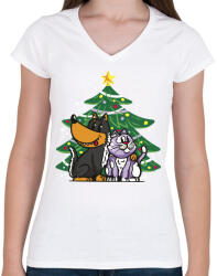 printfashion Kutya és macska karácsony - Női V-nyakú póló - Fehér (5570714)