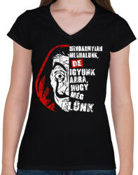 printfashion Money heist - Igyunk arra, hogy még élünk! - Női V-nyakú póló - Fekete (4855449)