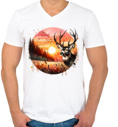 printfashion Szarvas - erdei naplemente - ajándék vadászoknak - Férfi V-nyakú póló - Fehér (15371770)