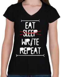 printfashion Eat, write, repeat - Női V-nyakú póló - Fekete (10433991)