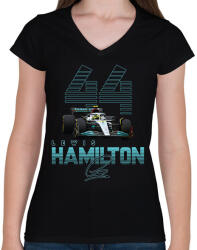 printfashion Lewis Hamilton - Női V-nyakú póló - Fekete (11969022)