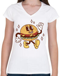 printfashion Retro hamburger - Női V-nyakú póló - Fehér (14308355)